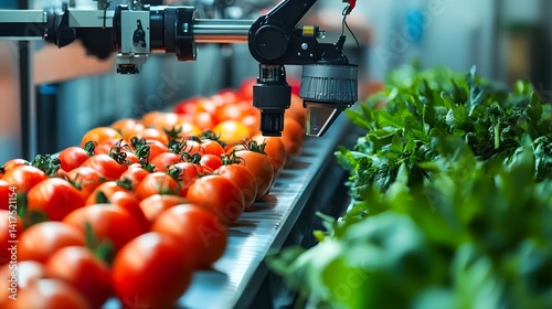 A robotic arm in an automated agricultural setting, carefully processing a conveyer belt with tomatoes and leafy greens for food production.