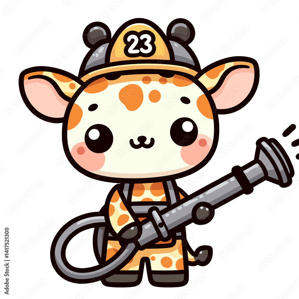 Fototapeta premium Cute Kawaii Giraffe in Firefighter Uniform Holding a Hose