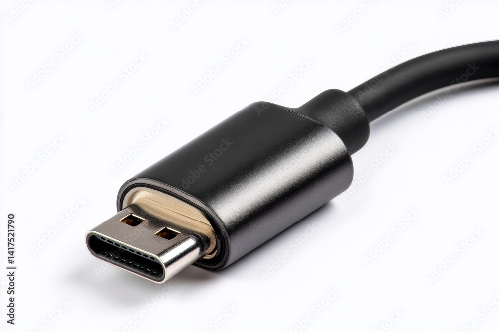 Close-up view of a modern USB-C connector cable showcasing advanced technology on a clean white background Close-up view of a modern USB-C connector cable showcasing advanced technology on a clean white background