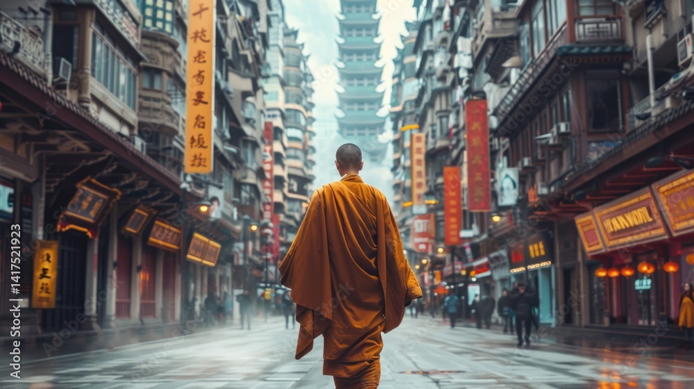 custom made wallpaper toronto digitalMonk walking through a bustling city street, serene amidst the chaos, contrast between inner peace and outer world