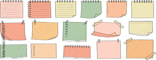 Memo frame note paper line cute planner sheet set. Notebook paper note frame for task list page, to do list sticker sheet. Hand drawn kid sketch line style reminder sticker