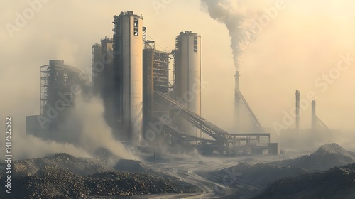 Structures rise amidst atmospheric haze, creating an industrial landscape with a monochromatic, muted tone, evoking a sense of mystery.
