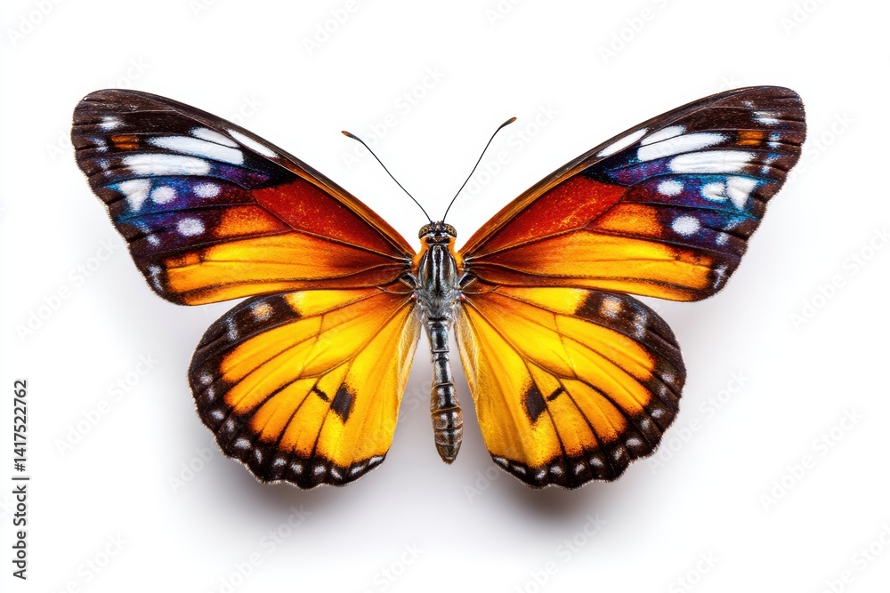 Fototapeta premium Colorful butterfly displaying vibrant patterns with open wings against a white background