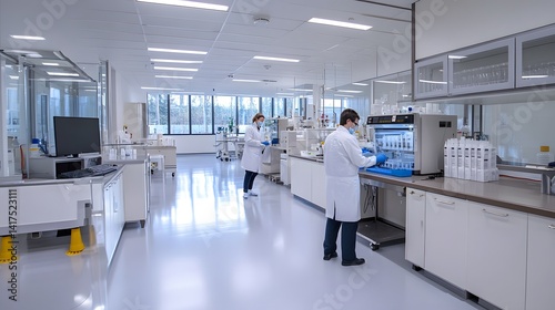 A brightly lit research lab with scientists in lab coats and masks working at various lab stations. Safety and research are top priorities.