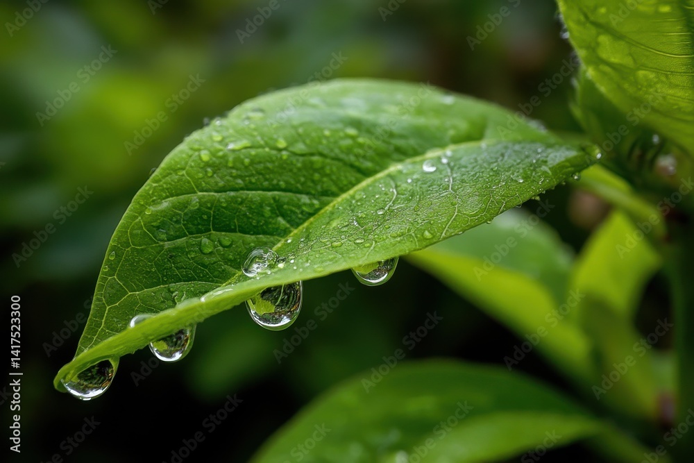 Fototapeta premium Close-up shot featuring vibrant green leaves adorned with glistening water droplets, showcasing nature's beauty in a refreshing and tranquil botanical scene.