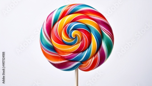 Colorful lollipop swirl on stick isolated on white background Striped spiral multicolored candy