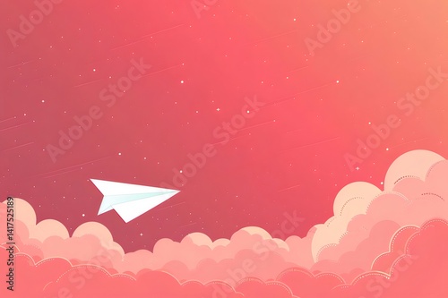 ピンクの空に白い紙飛行機が飛んでいるイラスト 雲と星の背景