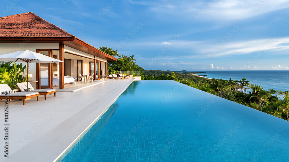 Fototapeta premium Breathtaking sunset at villa with infinity pool overlooking the ocean bali luxury property tropical paradise panoramic view