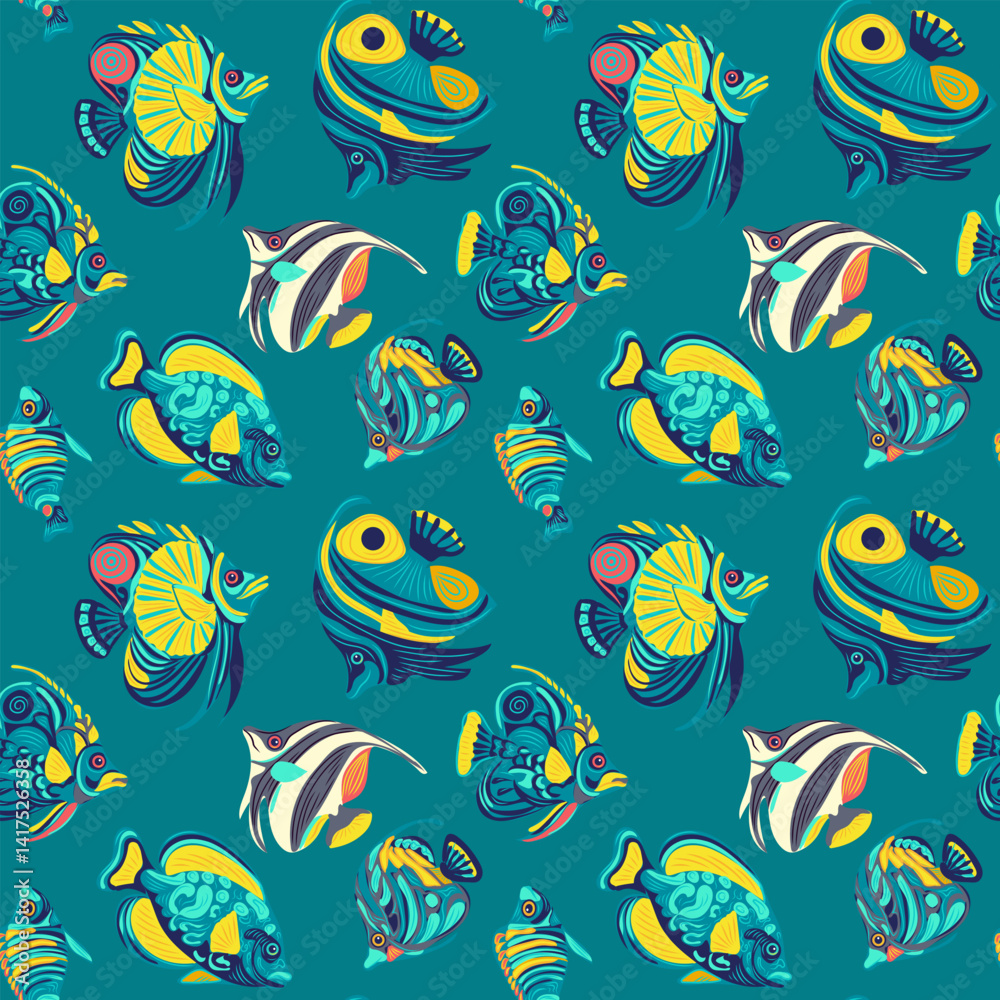 Obraz premium Seamless pattern with fish, sea ocean texture, aquarium, vector illustration, repeating marine background