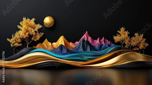 Colorful sculpted landscape with golden trees and a moon, studio scene