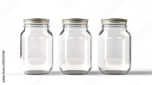 Three Empty Mason Jars with Metal Lids on White Background. Generative AI
