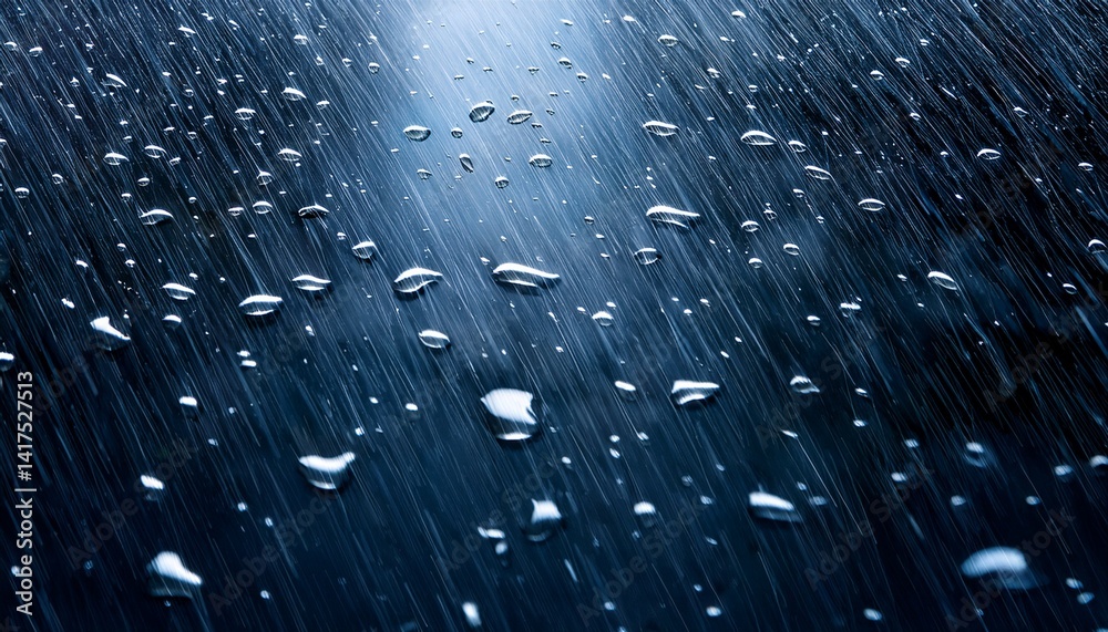 Fototapeta premium Falling raindrops isolated on dark background Heavy rain and weather storm in raining season