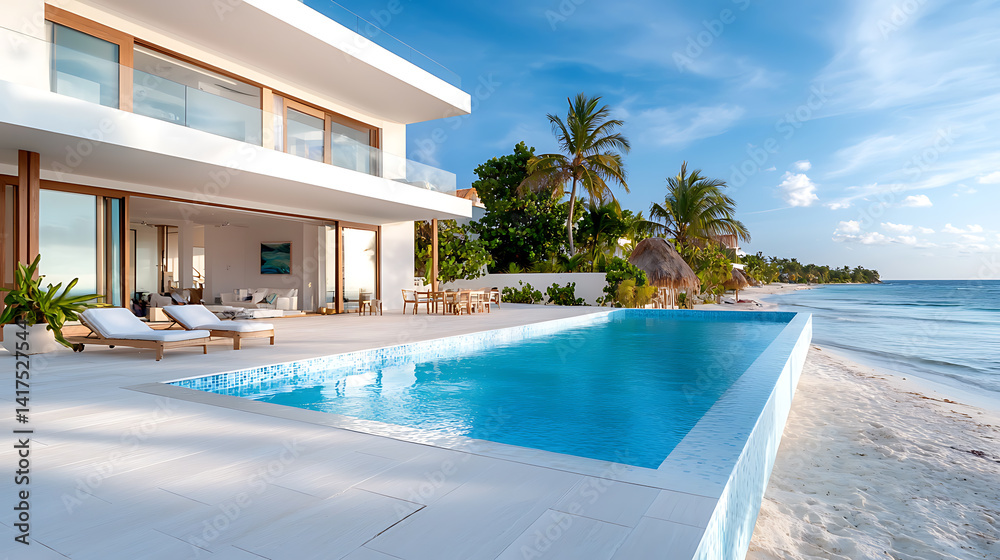 Fototapeta premium Luxury minimalist beach villa with seamless pool overlooking the ocean maldives real estate photography serene environment wide angle view coastal living