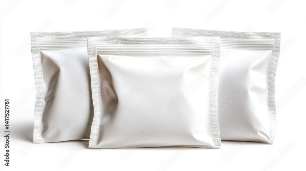 White packing pouches for face masks isolated on a white background. Generative AI