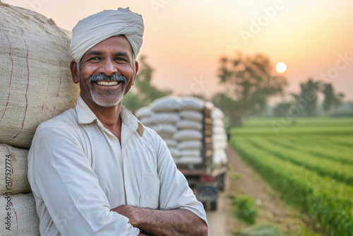 happy indian farmer standing with tractor