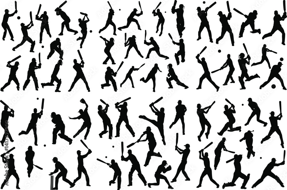 silhouettes cricket players dynamic pose silhouettes cricket players dynamic pose