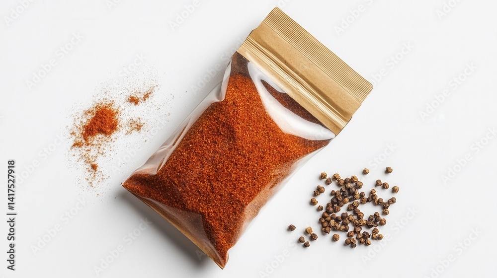 Spice pouch with powder and peppercorns on white background. Generative AI