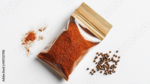 Obraz na płótnie Spice pouch with powder and peppercorns on white background. Generative AI w salonie