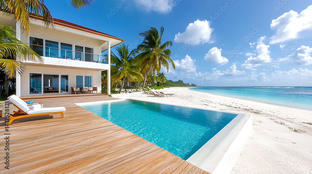 Fototapeta premium Serene coastal retreat with wooden deck beachfront paradise luxury home tropical environment panoramic view contemporary design