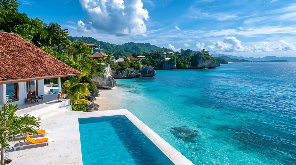 Obraz premium Stunning beach house with open deck and pool overlooking crystal clear waters aesanaspik coastal retreat luxurious environment elevated perspective