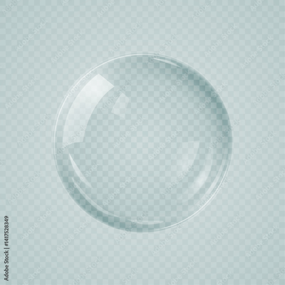 Glass transparent ball with glare and highlights in realistic 3D style, glossy volumetric sphere or circle with pearl effect. Vector 3D illustration.