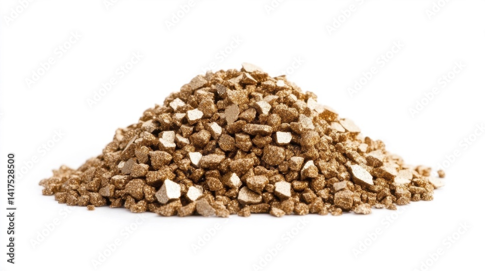 Golden vermiculite granules on white background. Generative AI