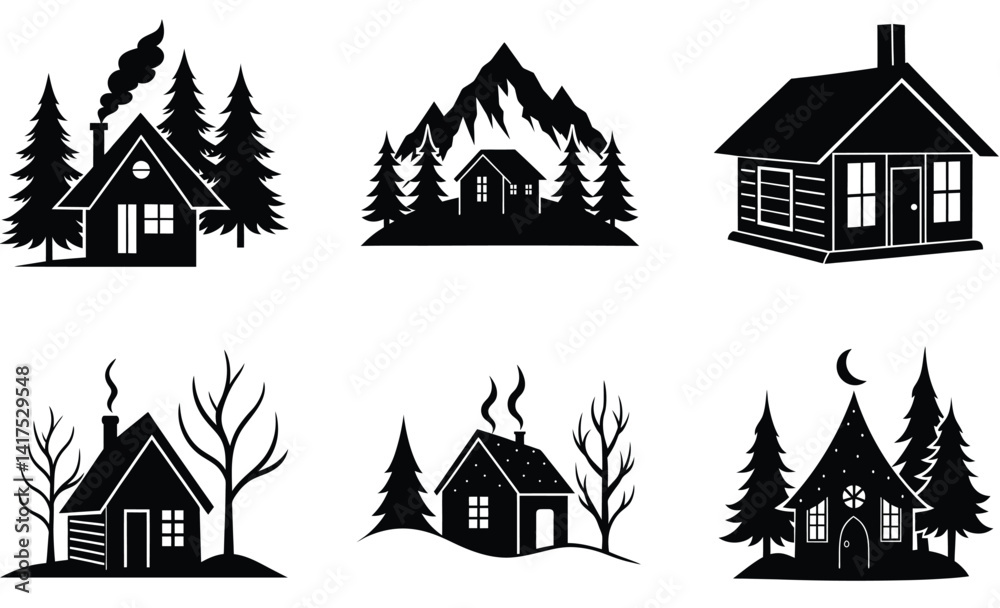 Fototapeta premium Traditional Cabin And Cottage Style House Collection – Cultural Architecture and Vintage Home Silhouette Vector Illustrations 