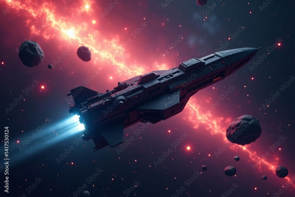Fototapeta premium Massive spacecraft surrounded by glowing asteroids in cosmic nebula, majestic, exploration