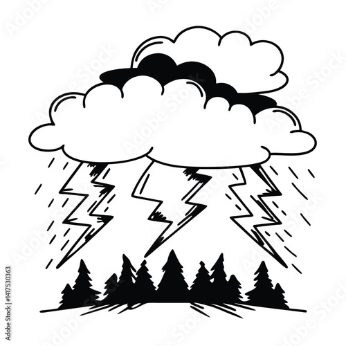 Black and White Storm Clouds with Lightning and Rain in Minimalist Style