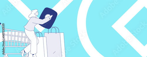 Holiday shopping people doing e-commerce online shopping flat vector concept operation hand drawn illustration
