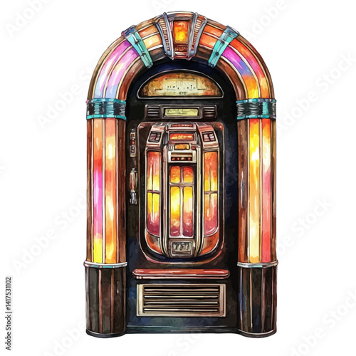 Retro Jukebox With Glowing Lights, vector watercolor illustration, isolated on a white background.