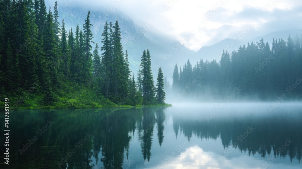 Fototapeta premium Misty Mountain Lake Serenity: A Breathtaking Reflection of Nature's Tranquility