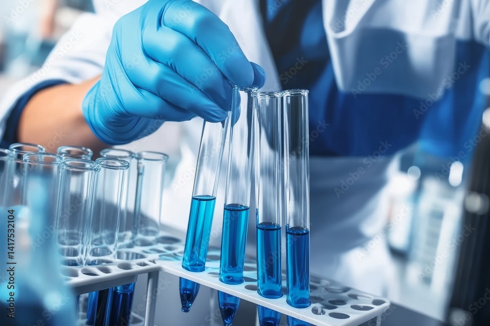 Scientist in Blue Gloves Conducting Experiments with Test Tubes in Laboratory Environment