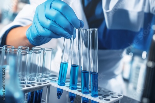 Obraz na płótnie Scientist in Blue Gloves Conducting Experiments with Test Tubes in Laboratory Environment w salonie