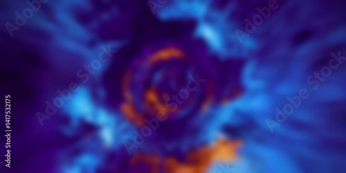 Abstract purple, orange, blue fiery vortex or swirling smoke animation. Dynamic colorful energy forming a tunnel or rose shape, motion graphics
