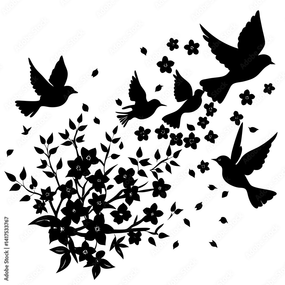 Fototapeta premium Wings Over Wildflowers Vector | Nature-Inspired Bird and Floral Clipart Design
