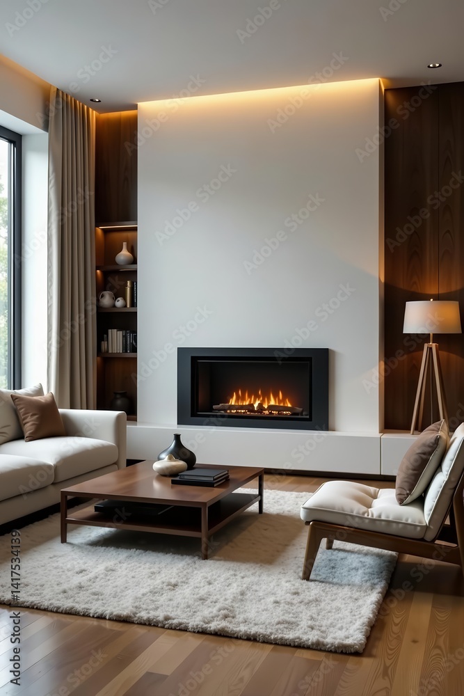 Fototapeta premium Modern living room with sleek furniture and cozy fireplace, stylish, design