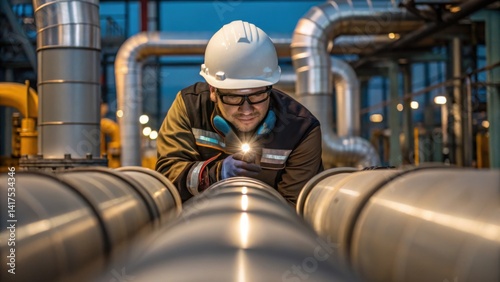 A worker inspects industrial piping, wearing safety gear in a well-lit facility, emphasizing safety and precision in a mechanical environment.