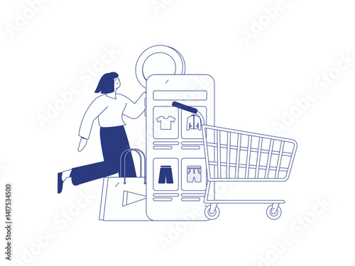 Holiday shopping people doing e-commerce online shopping flat vector concept operation hand drawn illustration
