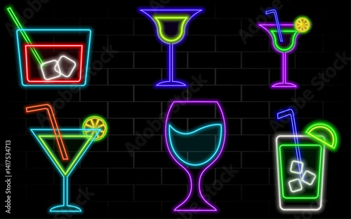 Cocktail neon emblem set. Vector illustration. Neon sign for banner, billboard, promotion or advertisement. neon drinks.