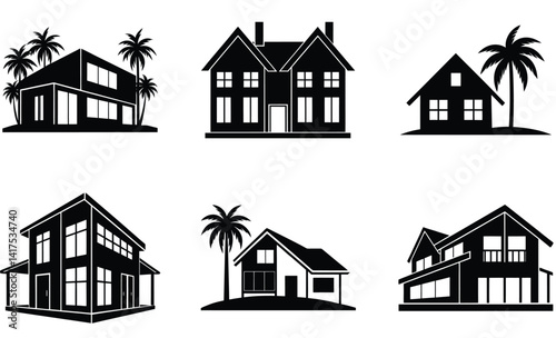 Duplex House with Palm Tree House Collection – Cultural Architecture and Vintage Home Silhouette Vector Illustrations

