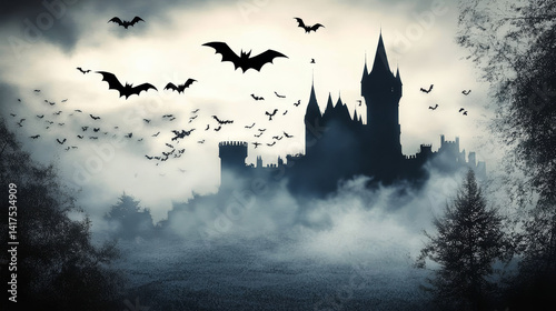A castle is surrounded by a foggy forest and bats are flying around it