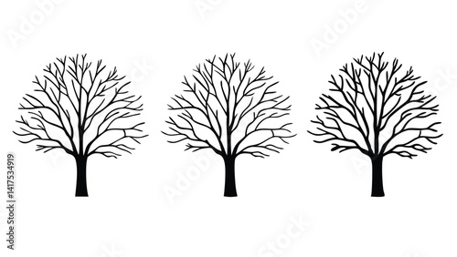 Black and White line art of Three Identical Bare Trees, Symmetrical Winter Landscape with Stark Contrast and Simple Graphic Art Style