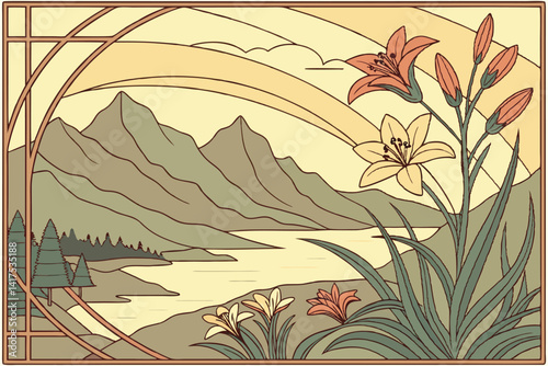 52 Stained glass landscape, serene mountain lake, vibrant lilies in foreground, layered mountain ranges, colorful sunset sky, art nouveau style, flowing lines, muted earth tones, turquoise water, oran