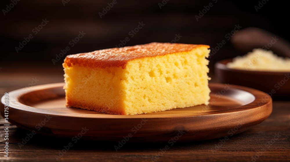 Cornbread Slice on Rustic Wooden Plate Cornbread Slice on Rustic Wooden Plate