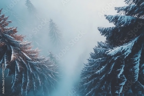Snow covered coniferous trees emerging through the heavy fog above