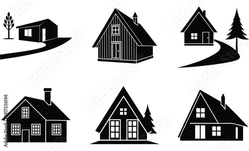 Scandinavian style house with tree Collection – Cultural Architecture and Vintage Home Vector Illustrations

