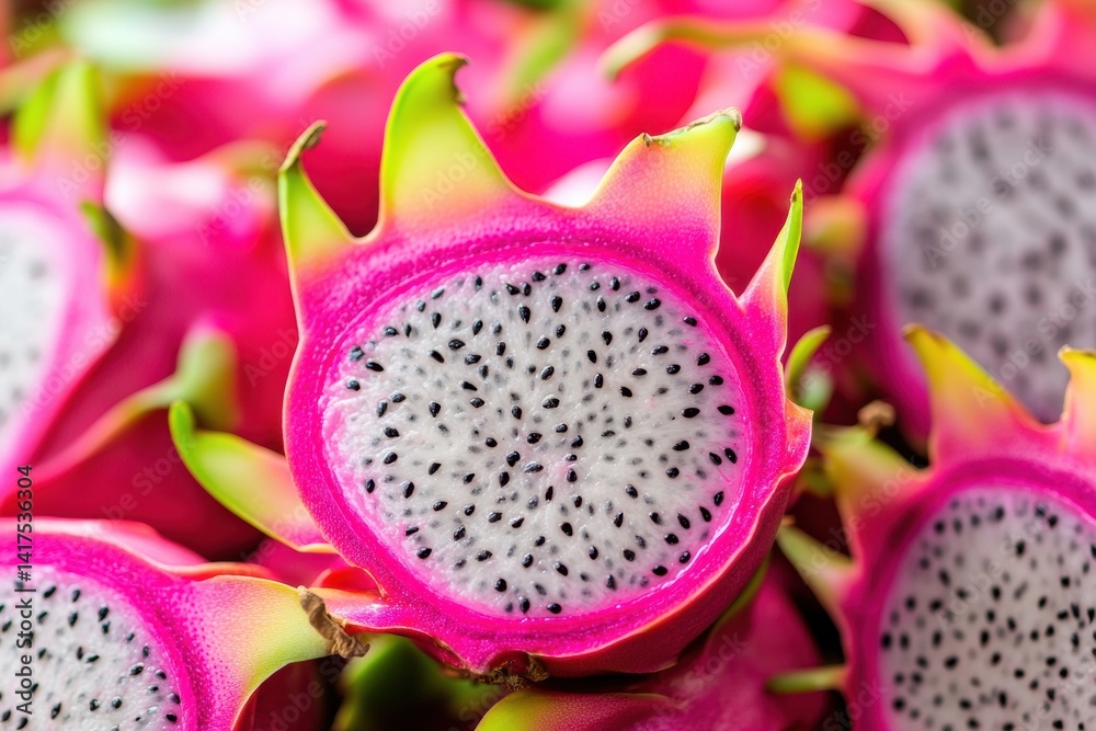 Vibrant pink dragon fruit with white flesh and black seeds close-up Vibrant pink dragon fruit with white flesh and black seeds close-up
