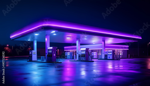 A gas station with purple lights on the roof
