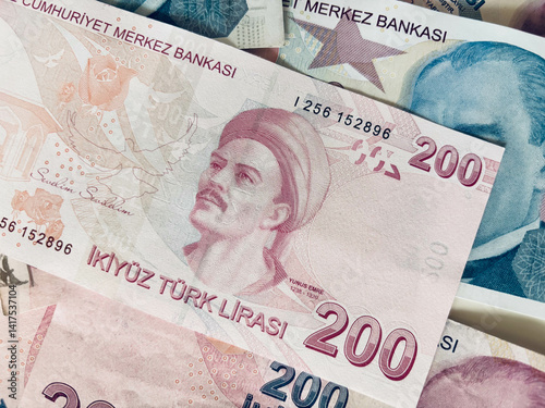 Fototapeta Naklejka Na Ścianę i Meble -  Turkish Banknotes featuring currency values of 100 and 200 Lira